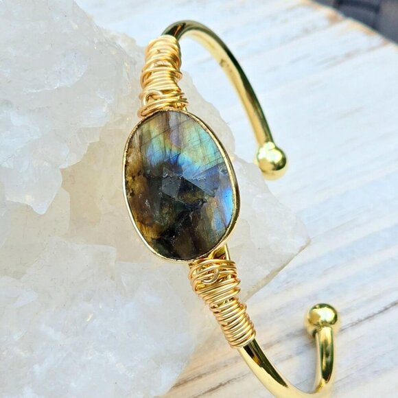Labradorite Moon Bracelet ✦ Wire-Wrapped 14Kt Gold Over Copper ✦ Celestial Cuff - Picture 1 of 10